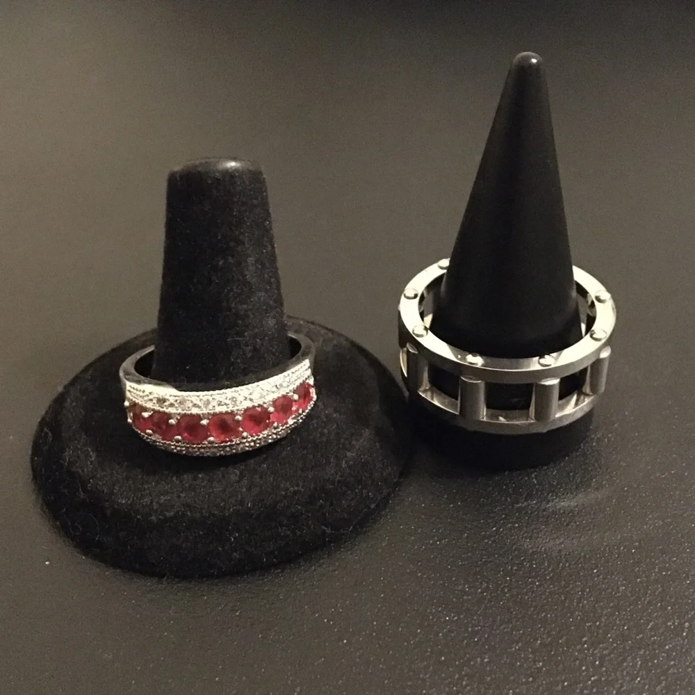 2 Vintage Red and Silver Tone Chunky Band Rings for Men